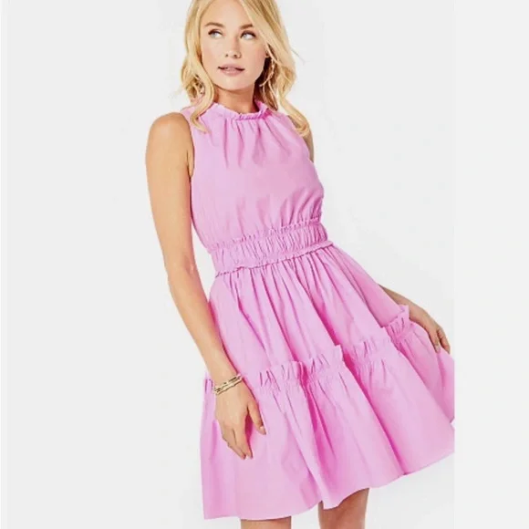 Lilly Pulitzer Elina Cotton Poplin Stretch Tiered Ruffle Rose Pink Dress, 6 - Picture 1 of 16